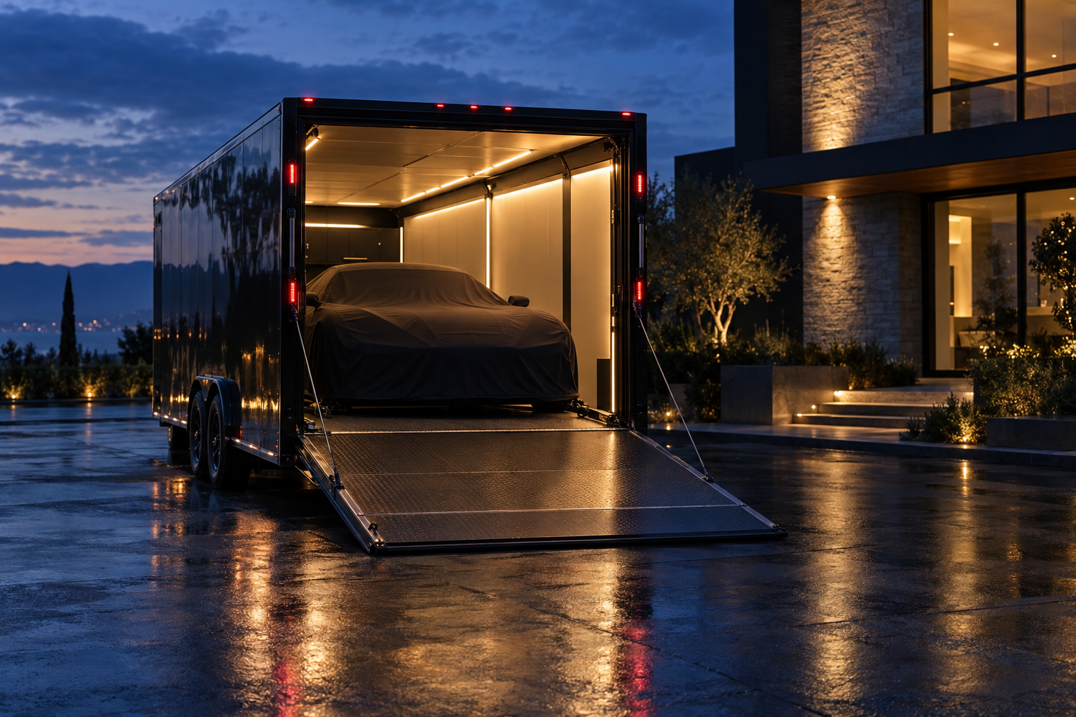 Geschlossener Autotransporter bei Dämmerung